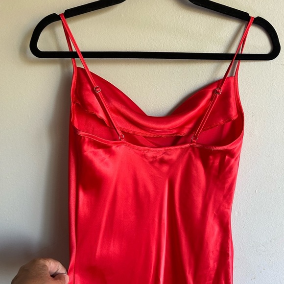 Vintage Bebe red slip satin dress,draped neckline, lettuce edge,spaghetti strap - Picture 4 of 4